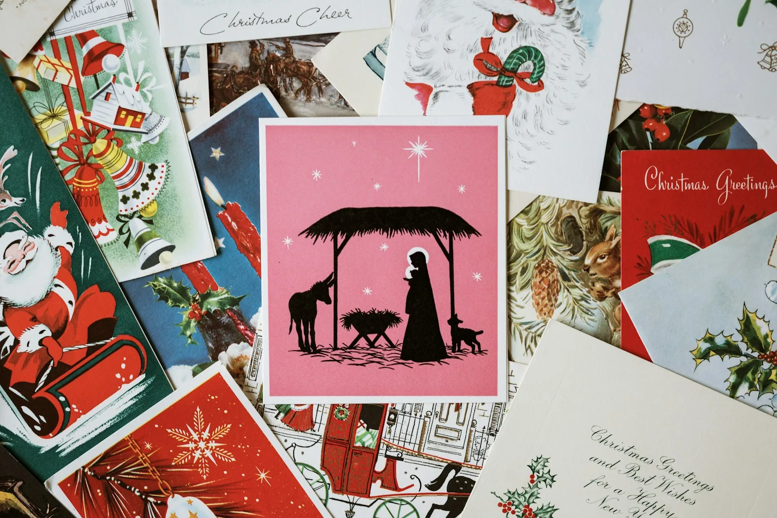 A vintage illustrated greeting card and envelope.