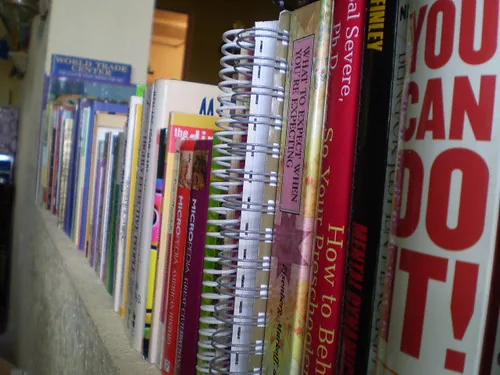 A close view of a small row of varied books on a shelf.