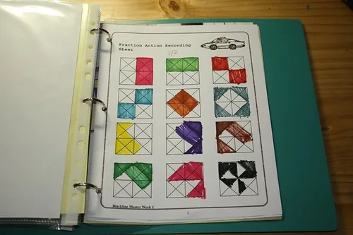 A notebook page recording colored geometric blocks and their arrangement.
