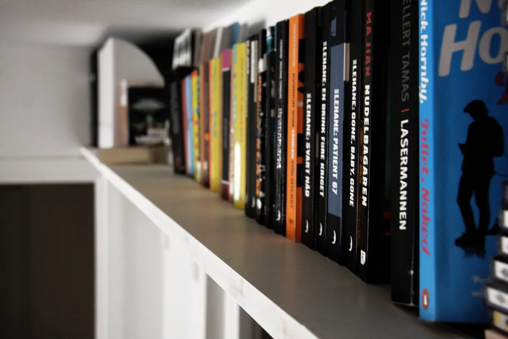 Books standing in a row on a white shelf.